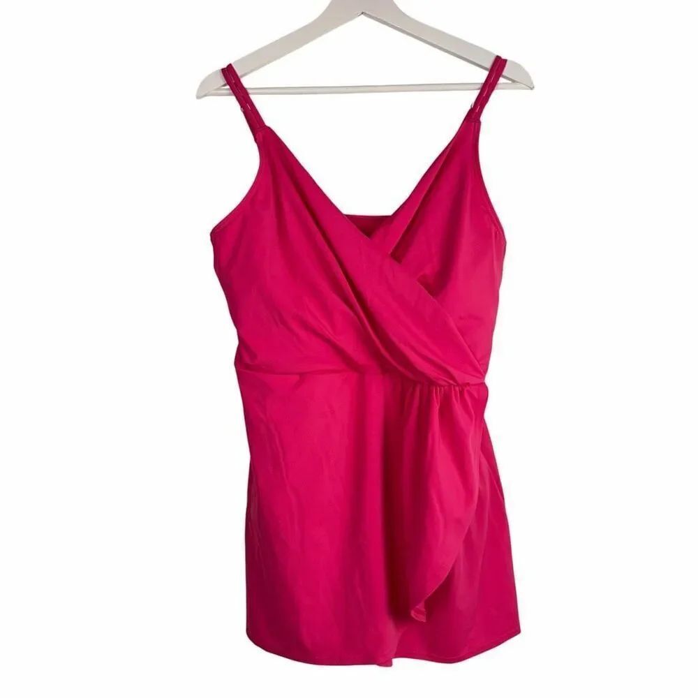 Lands End Pink Surplice Wrap Style Swim Dress One Piece Large 14-6